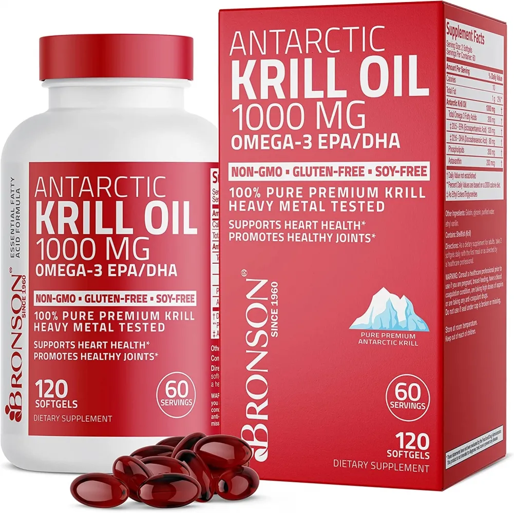 Bronson Antarctic Krill Oil 1000 mg with Omega-3s EPA, DHA, Astaxanthin and Phospholipids 120 Softgels (60 Servings)  Imagem