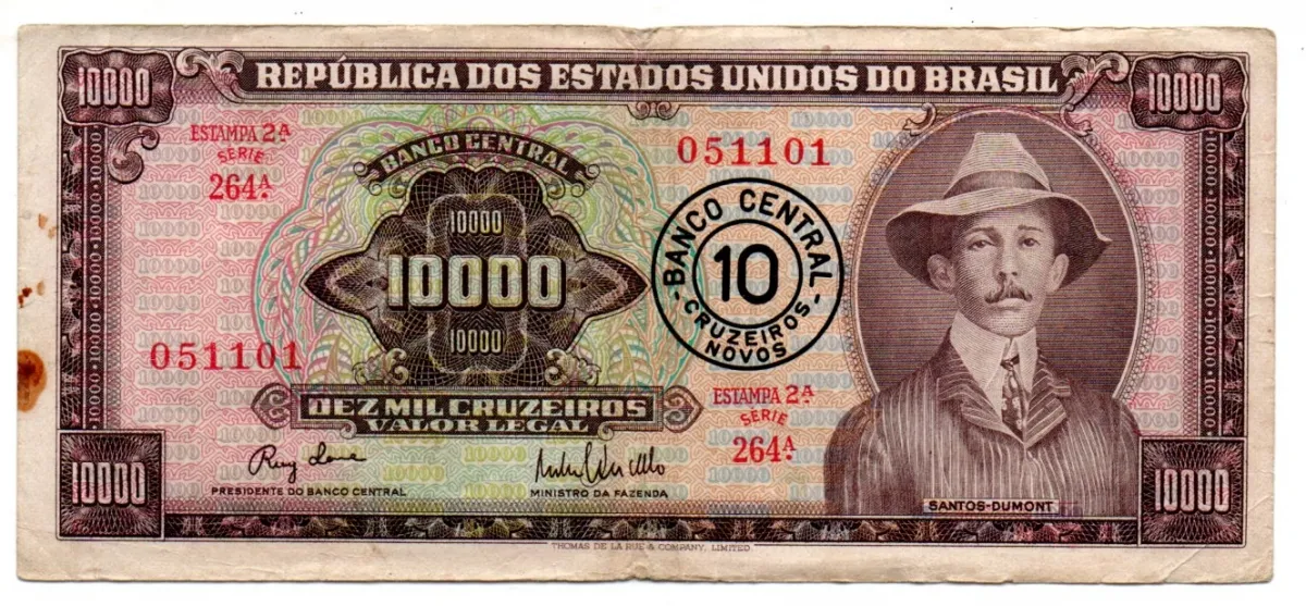 C127 - 10 Cruzeiros Novos (Sobre 10000 Cruzeiros) - 2° Estampa - Série 264 - Santos Dumont - Data:1967 - MBC Imagem