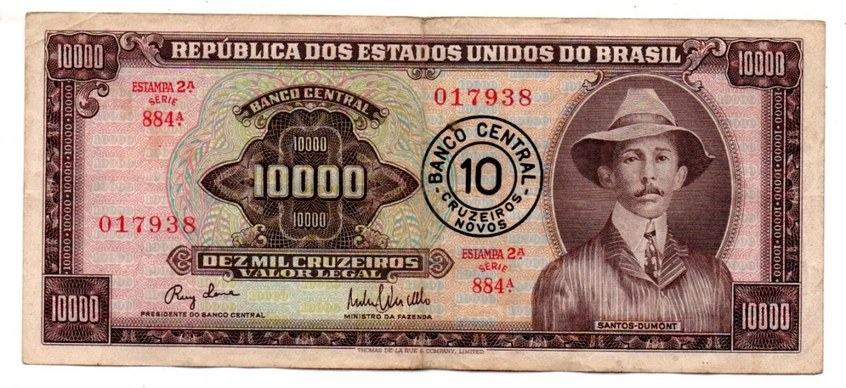 C127 - 10 Cruzeiros Novos (Sobre 10000 Cruzeiros) - 2° Estampa - Série Aleatória - Santos Dumont - Data:1967 - Estado de Conservação: Muito Bem Conservada (MBC)