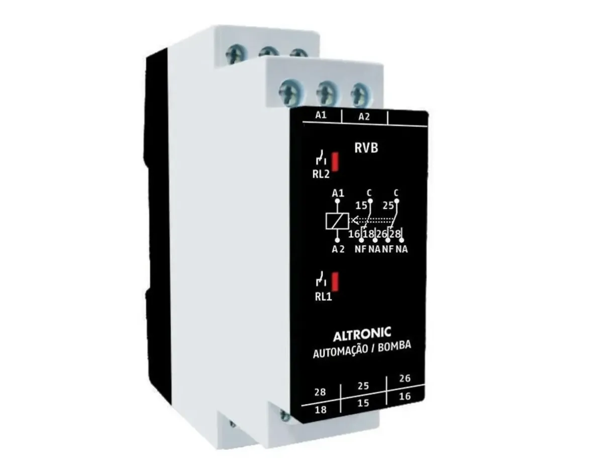 Relé Revezamento Bombas Altronic RVB 24-240V Trilho DIN 35 Reversão Automática