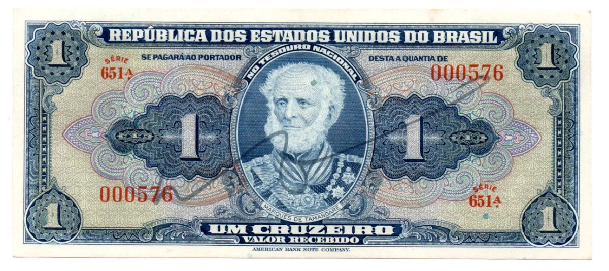 C009 - 1 Cruzeiro - 1° Estampa - Série Aleatória - Autografada / Assinada a Mão - Marquês de Tamandaré - Data: 1944 - Estado de Conservação: Soberba (Sob)