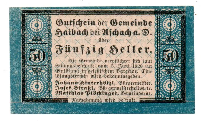 Áustria Notgeld - 50 Heller - Cédula Estrangeira