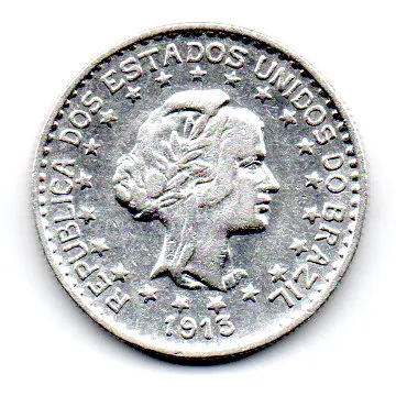 1913 - 1000 Réis - Estrelas Soltas - Prata .900 - Aprox 10 g - 26 mm - Moeda Brasil
