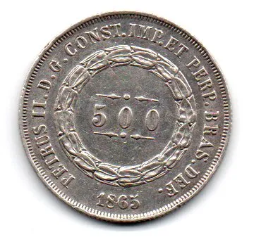 1865 - 500 Réis - Prata .917 - Aprox 6,37 g - 25,5 mm - Moeda Brasil Império