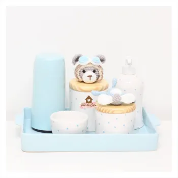 Ursinho Aviador - Kit Higiene Poá - 6 peças - Bandeja Cerâmica - Garrafa Mini - Foto 2