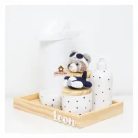 Urso Aviador + Avião  - Kit Higiene - 6 peças Poá - Bandeja Madeira  - Foto 4