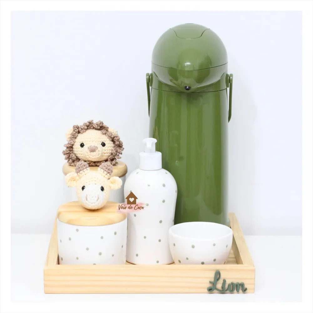 Kit Higiene - 6 peças - Poá - Safari - Leão + Girafa - Garrafa 1L