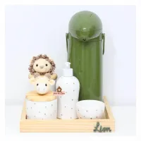 Kit Higiene - 6 peças - Poá - Safari - Leão + Girafa - Garrafa 1L