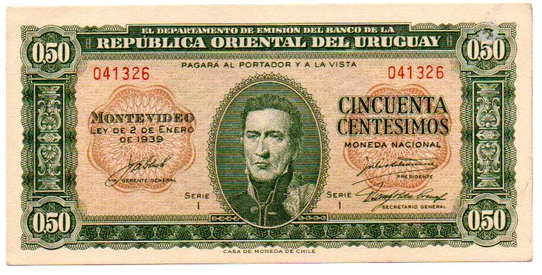 Uruguai - 50 Centesimos - 1939 - Cédula Estrangeira - Sob