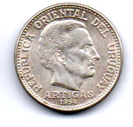 Uruguai - 1954 - 20 Centésimos - Prata .720 - Aprox. 3g - 18,5mm