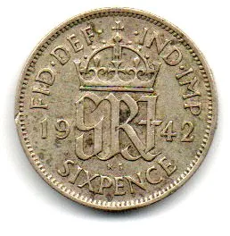 Reino Unido - 1942 - 6 Pence - Prata .500 - Aprox. 2,828g - 19,4mm Imagem