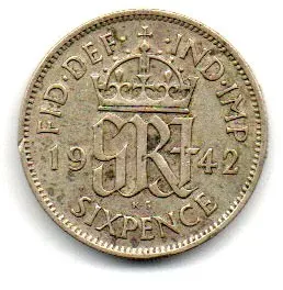 Reino Unido - 1942 - 6 Pence - Prata .500 - Aprox. 2,828g - 19,4mm