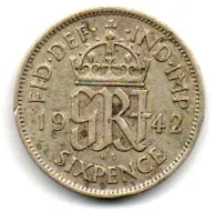 Reino Unido - 1942 - 6 Pence - Prata .500 - Aprox. 2,828g - 19,4mm