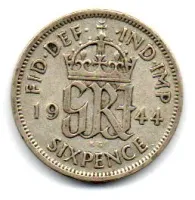 Reino Unido - 1944 - 6 Pence - Prata .500 - Aprox. 2,828g - 19,4mm