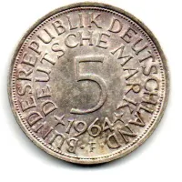 Alemanha - 1964F - 5 Mark - Prata .625 - Aprox. 11,2g - 29mm
