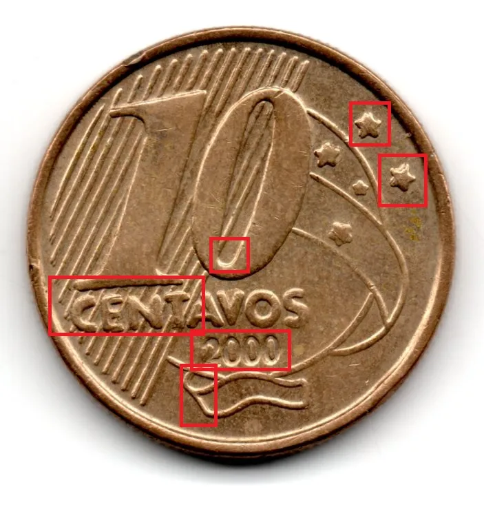 2000 - 10 Centavos - ERRO: Duplicações no Reverso e em "D. Pedro I" - Moeda Brasil
