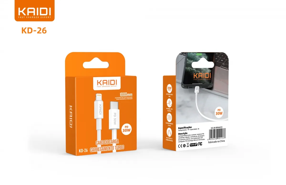 Cabo Tipo-C para Lightning PD 30W Kaidi KD-26 100cm