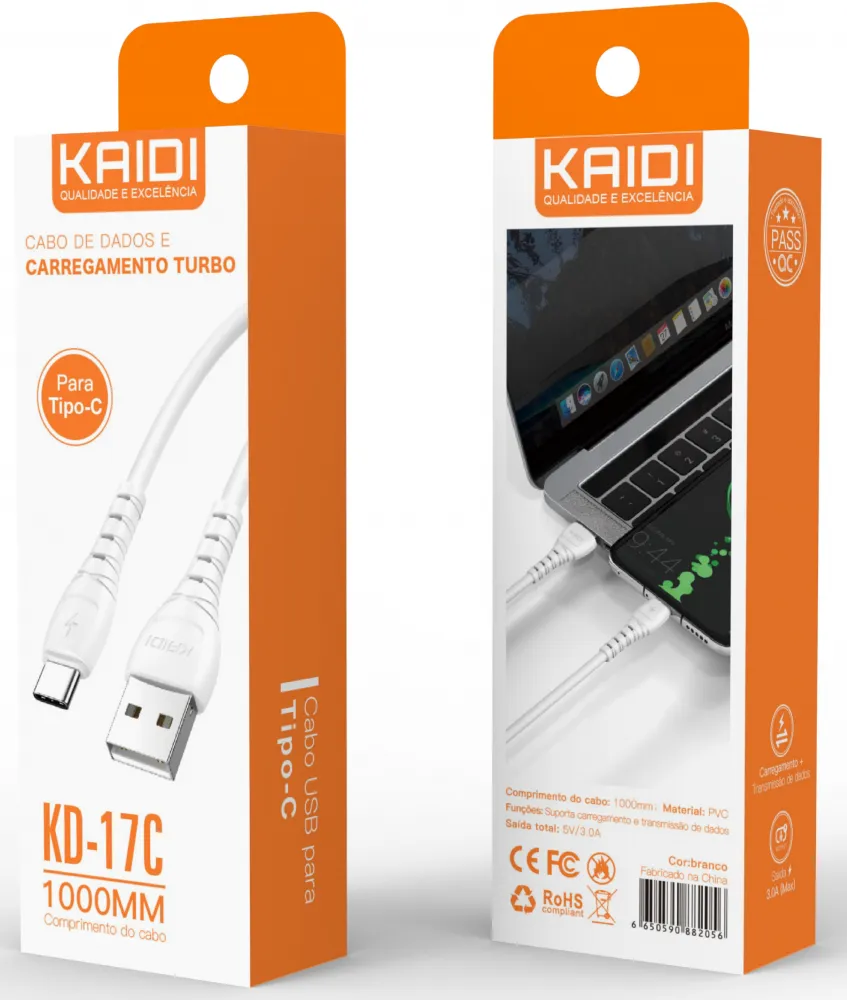 Cabo USB para Tipo-C Kaidi KD-17C 100cm