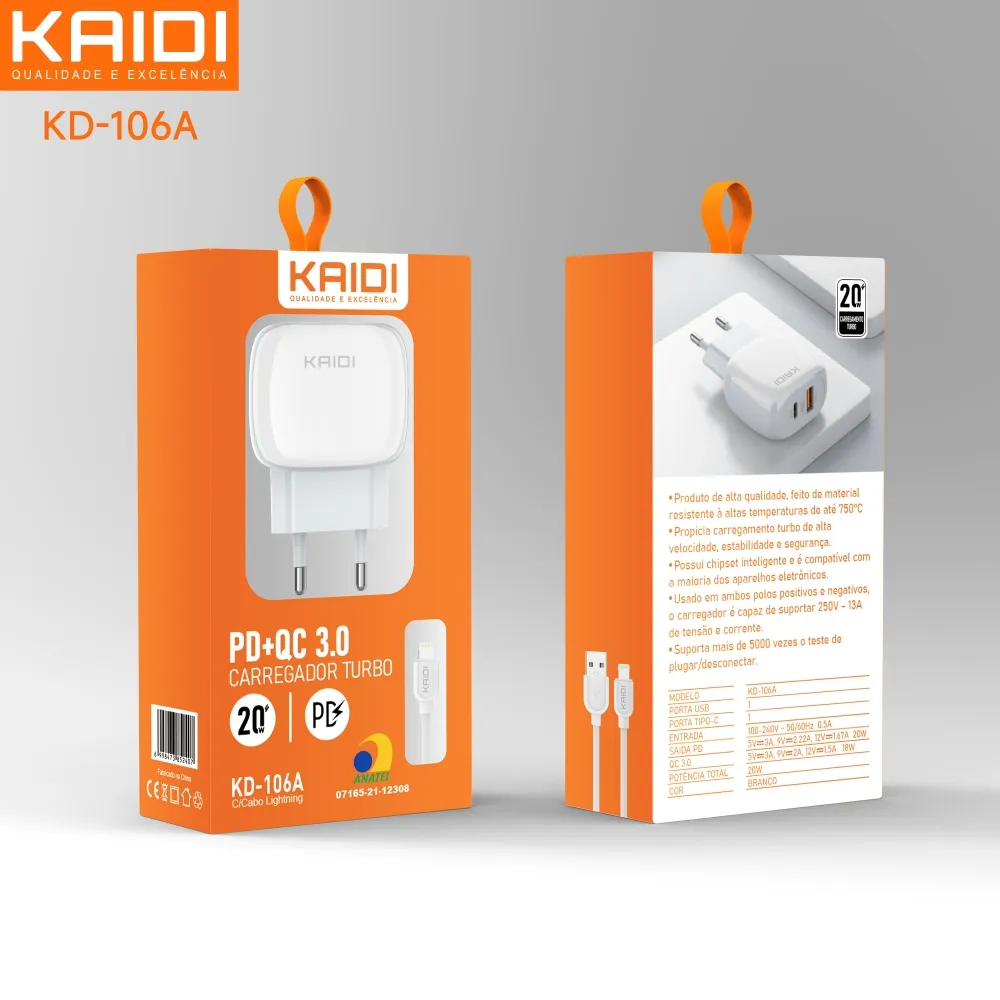Carregador USB e USB-C para Lightning 20W Kaidi KD-106A