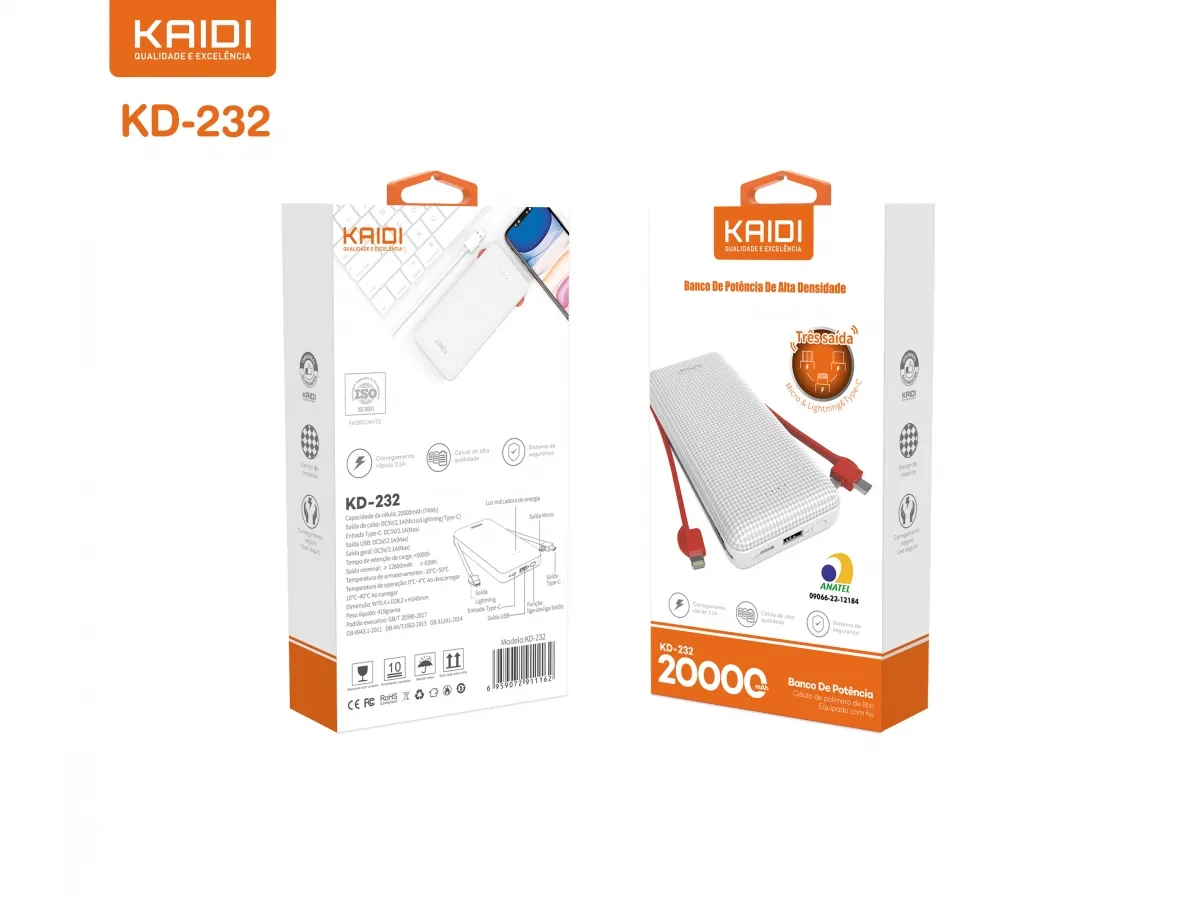Bateria PowerBank 20.000mAh Kaidi KD-232 Imagem