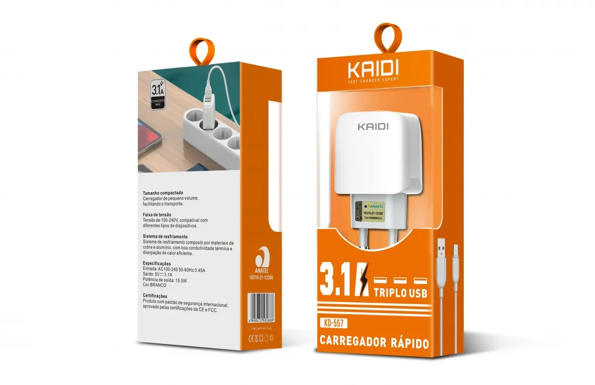 Carregador 3 USB para 3.1A Sem Cabo Kaidi KD-557