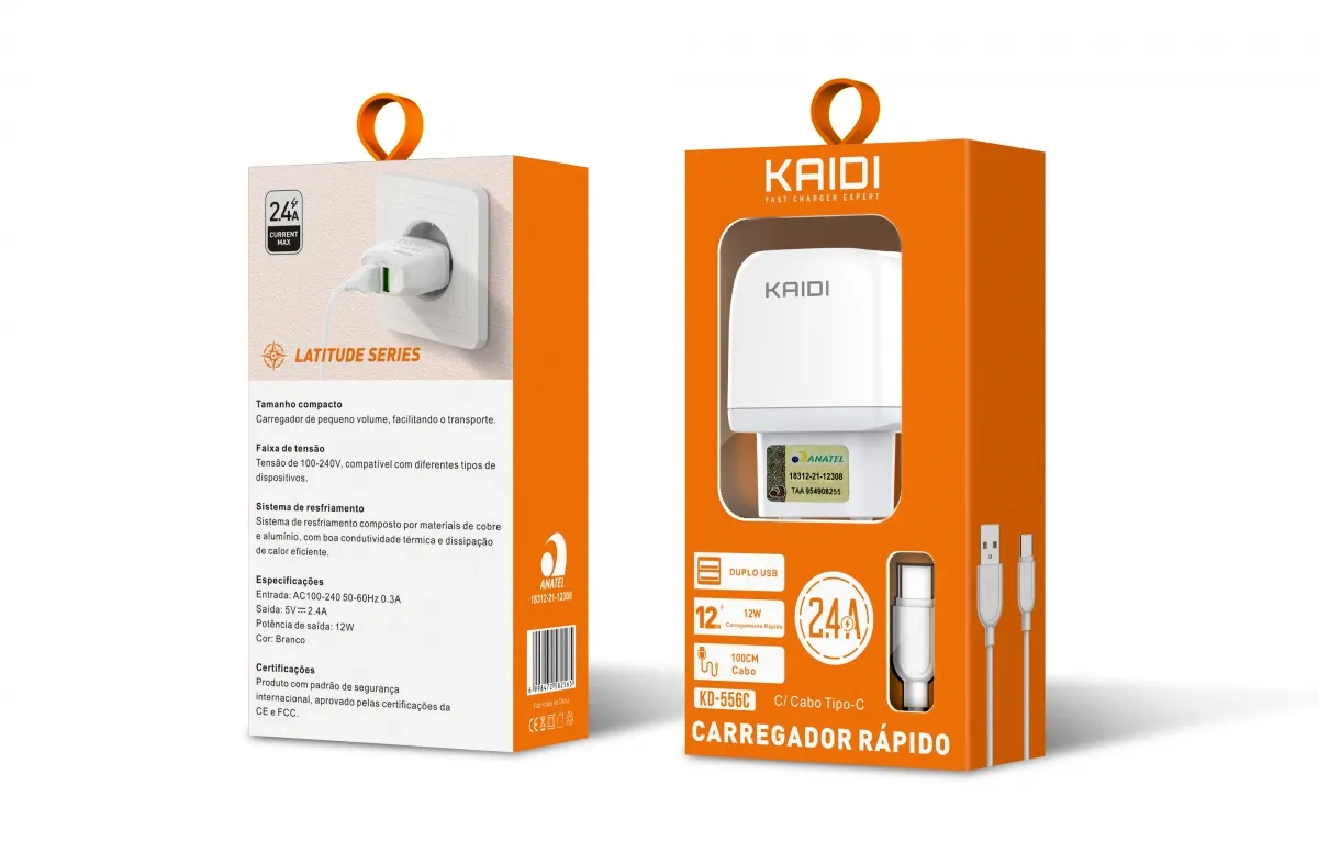Carregador 3 USB para Tipo-C 3.1A Kaidi KD-557C