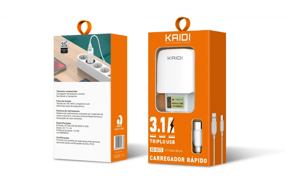 Carregador 3 USB para Micro 3.1A Kaidi KD-557S Imagem