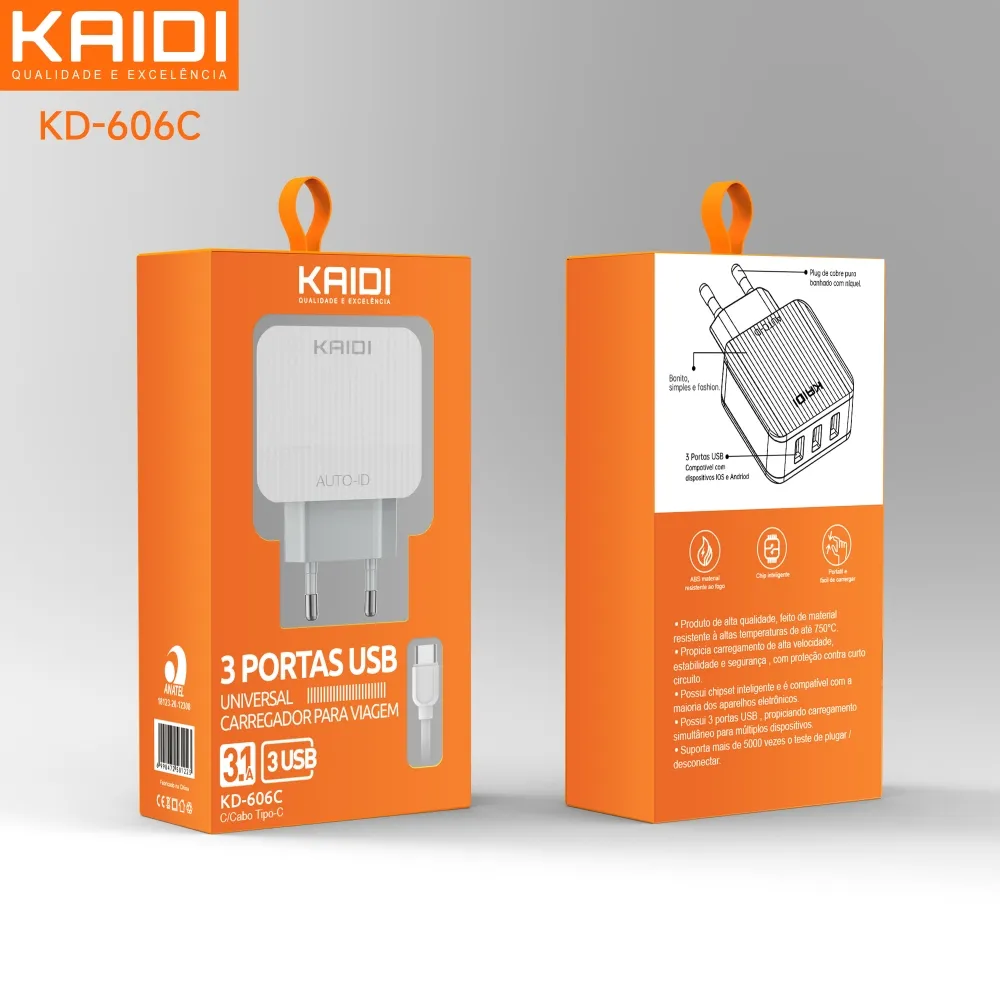 Carregador 3 USB para Tipo-C 3.1A Kaidi KD-606C