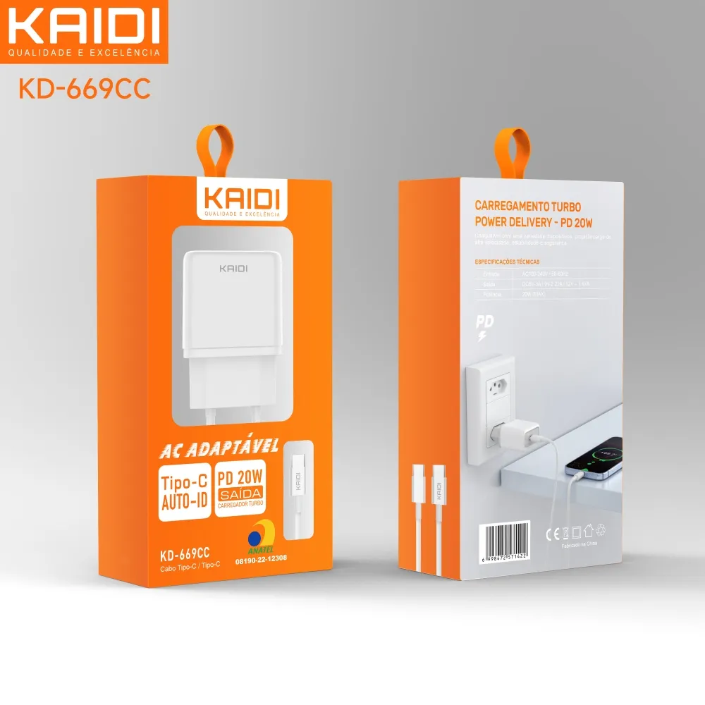 Carregador Saida Tipo-C para Tipo-C 20W Kaidi KD-669CC Imagem