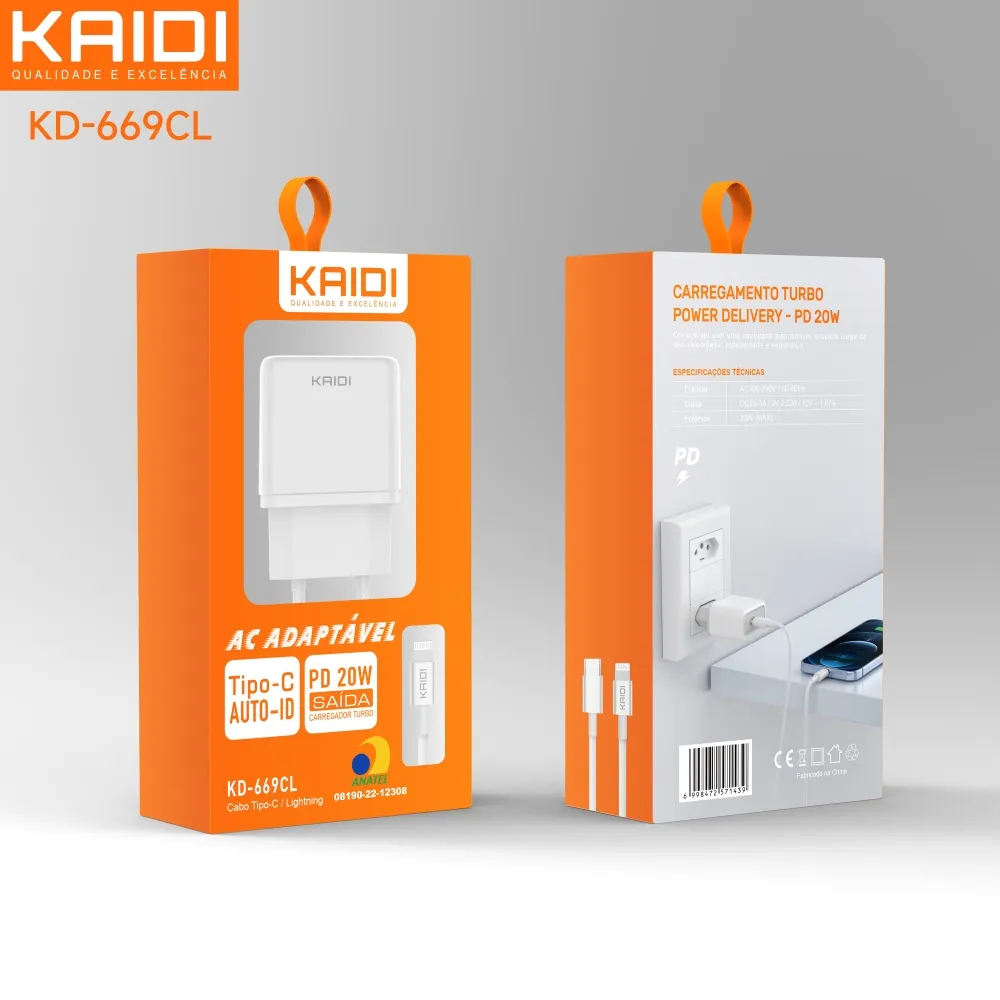 Carregador Saida Tipo-C para Lightning 20W Kaidi KD-669CL Imagem