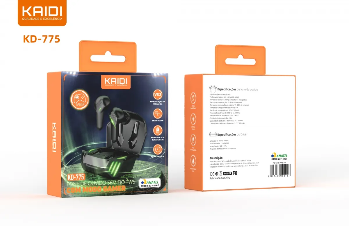 Fone de Ouvidos Gamer TWS Kaidi KD-775