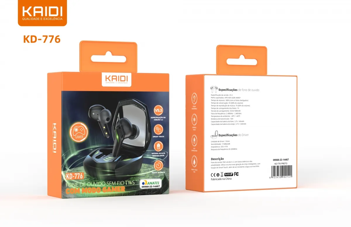 Fone de Ouvido Gamer TWS Kaidi KD-776