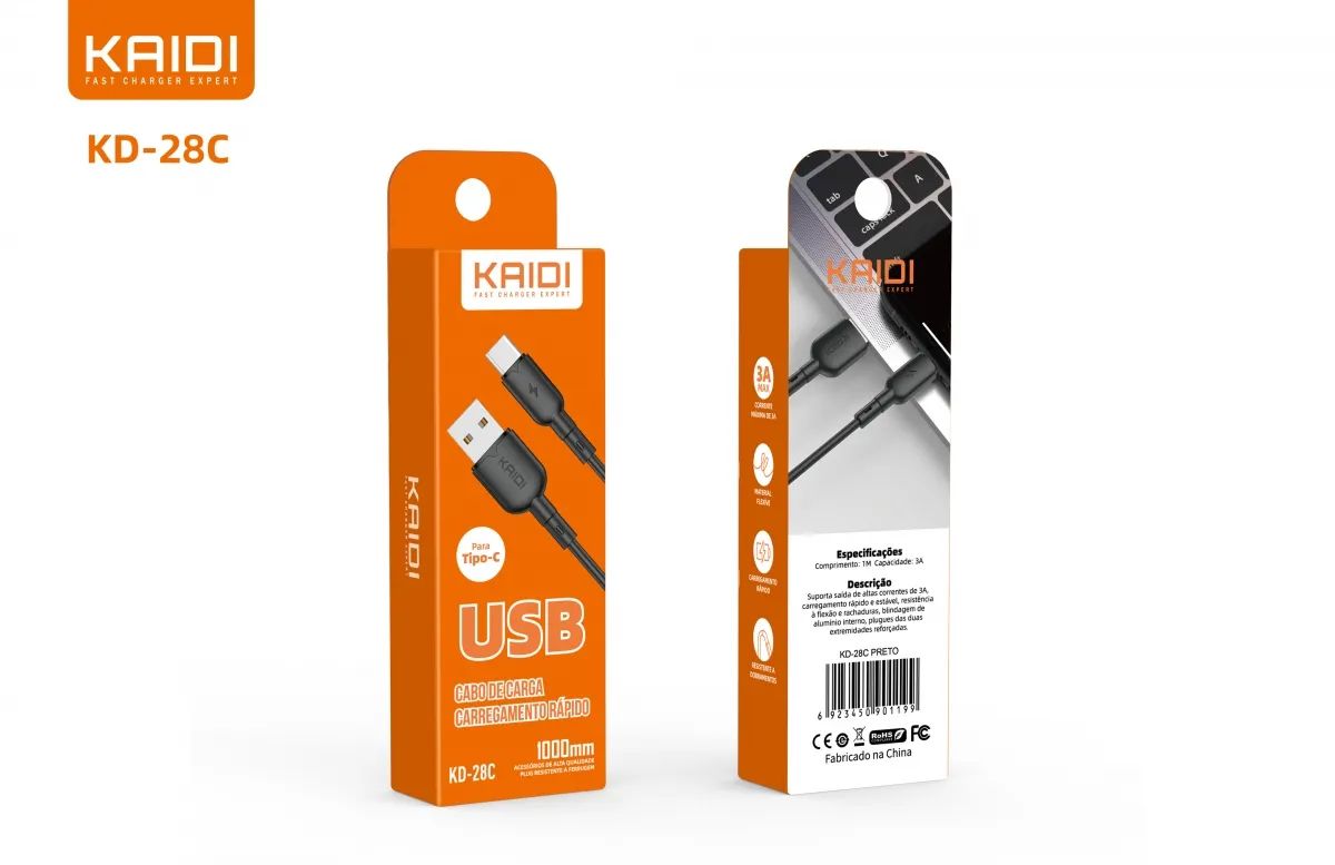 Cabo USB para Tipo-C Kaidi KD-28C 100cm