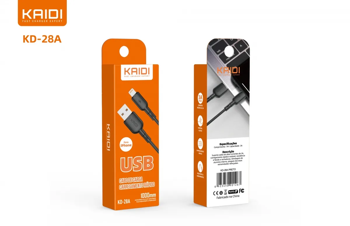 Cabo USB para Lightning Kaidi KD-28A 100cm