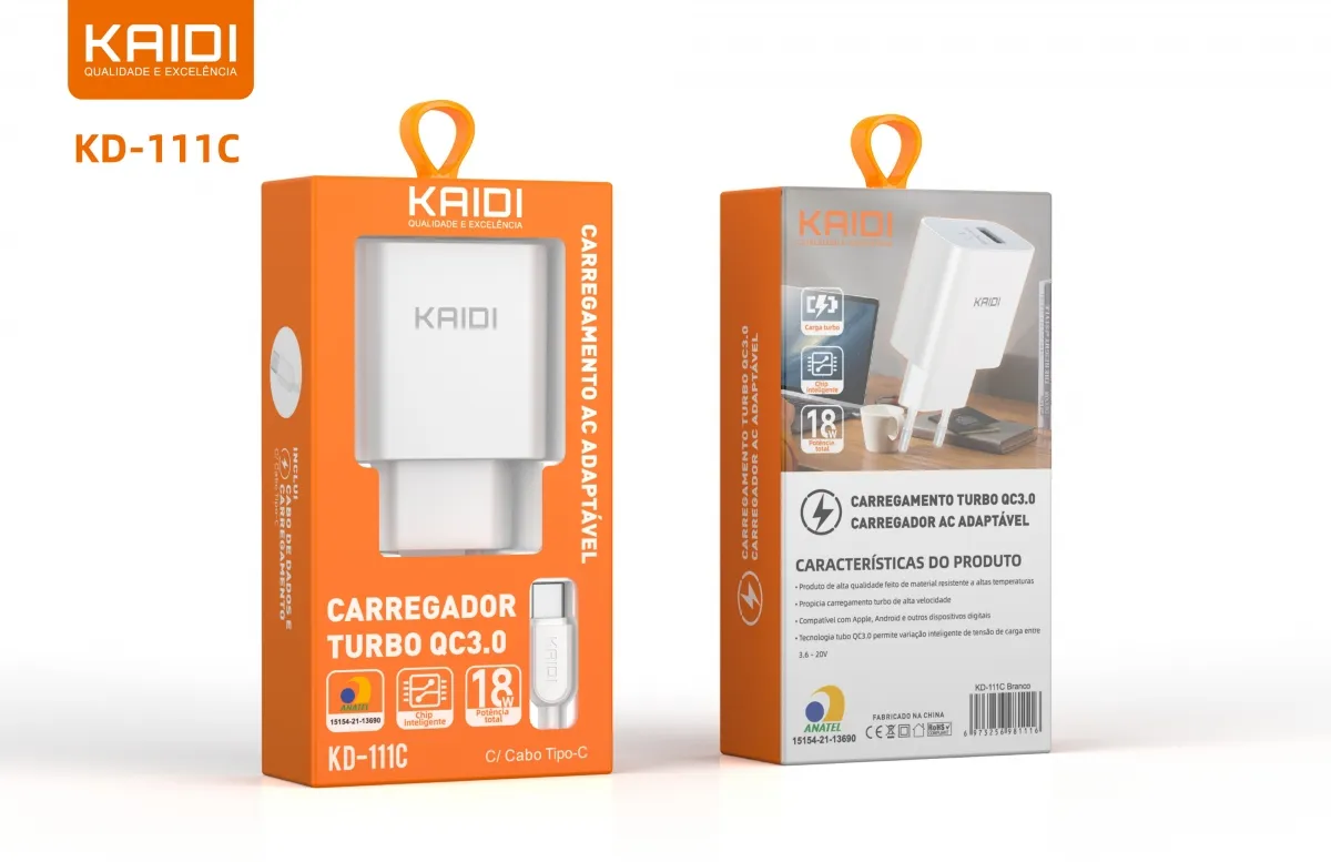 Carregador Saida USB para Tipo-C QC 3.0 Kaidi KD-111C