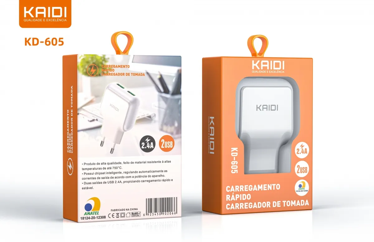 Carregador 2 USB para Tipo-C Kaidi KD-605C