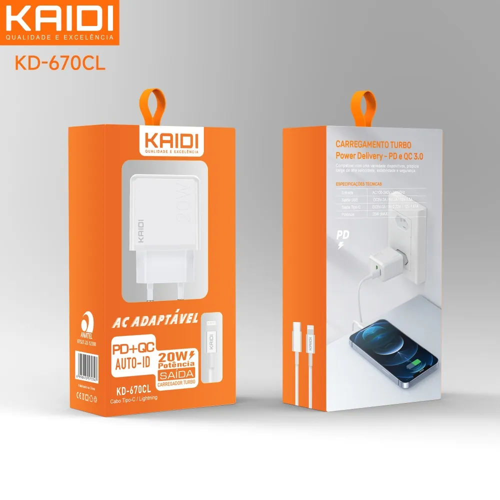 Carregador USB e USB-C para Lightning  QC3.0 Kaidi KD-670CL Imagem