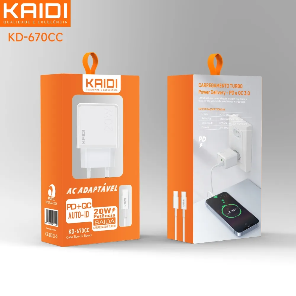 Carregador USB e USB-C para Tipo-C  QC3.0 Kaidi KD-670CC