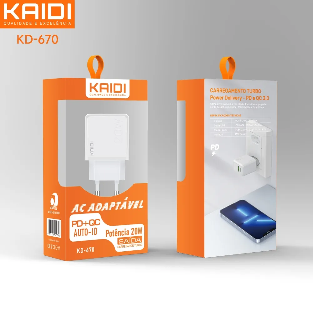 Carregador USB e USB-C QC3.0 Sem Cabo Kaidi KD-670 Imagem