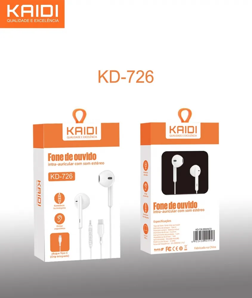 Fone de Ouvido Tipo-C com Microfone Kaidi KD-726 Imagem
