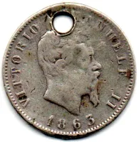 Itália - 1863M - 1 Lire - Prata .835 - Aprox. 4,77g - 23mm - C/ Furo