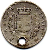 Itália - 1863M - 1 Lire - Prata .835 - Aprox. 4,77g - 23mm - C/ Furo - Foto 2