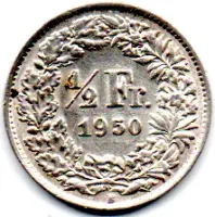 Suíça - 1950 - ½ Franc - Prata .835 - 2,5 g - 18mm