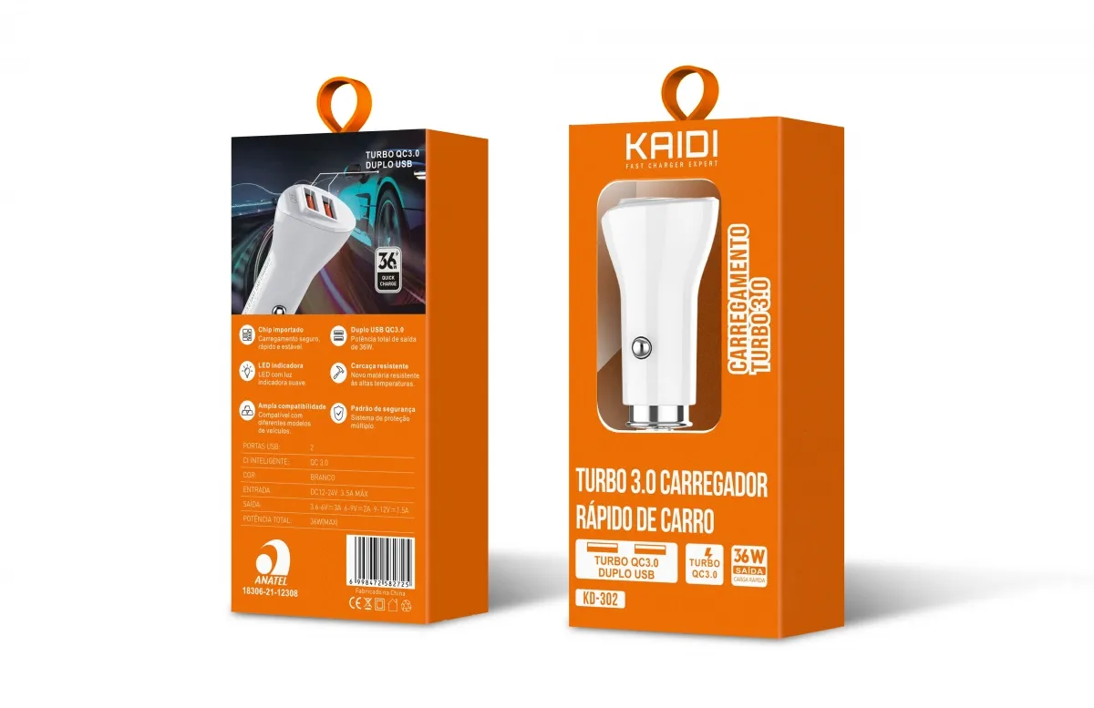 Carregador Veicular Turbo PD QC3.0 Kaidi KD-302 Imagem