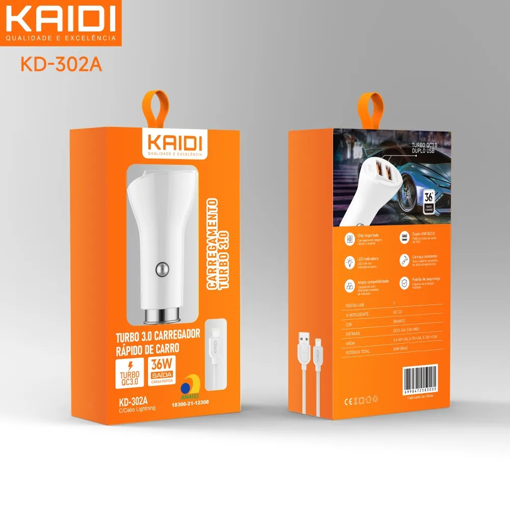 Carregador Veicular 2 USB para Lightning QC3.0 36W Kaidi KD-302A