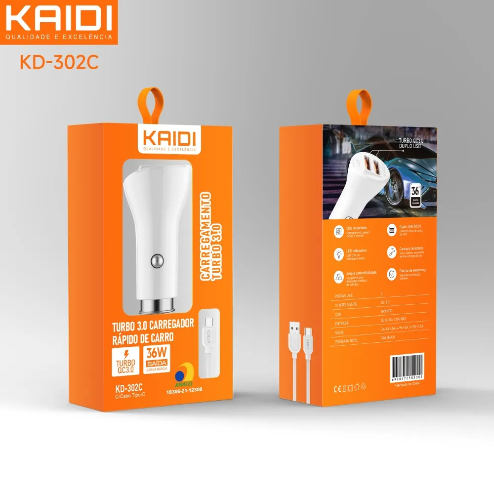 Carregador Veicular 2 USB para Tipo-C QC3.0 36W Kaidi KD-302C Imagem