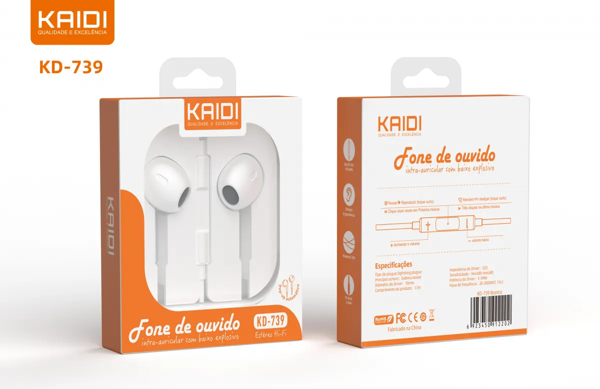 Fone de Ouvido Lightning com Microfone Kaidi KD-739 Imagem