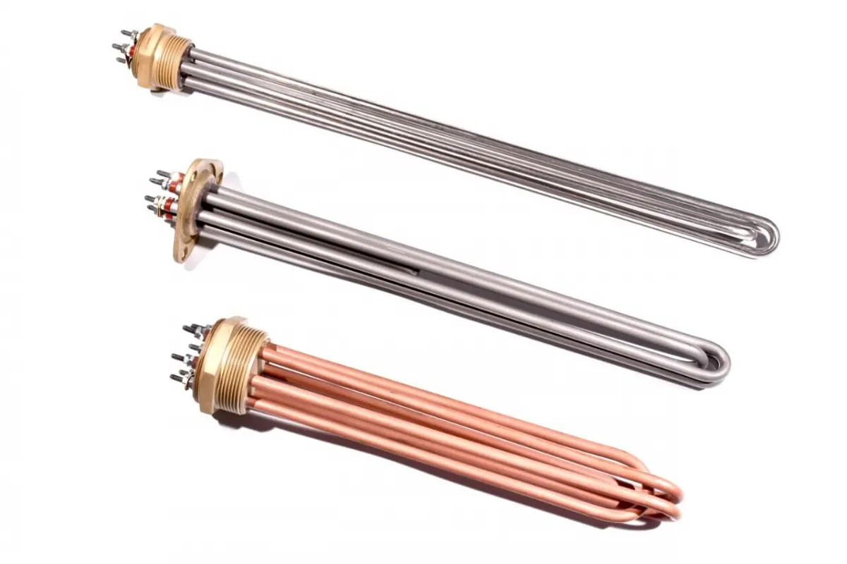 Resistências Tubulares fixação rosca BSP e Flange forjada triangular. Aplicação em Lavadoras de louça industriais, Caldeiras, Esterilizadores, Piscinas e Tanques.