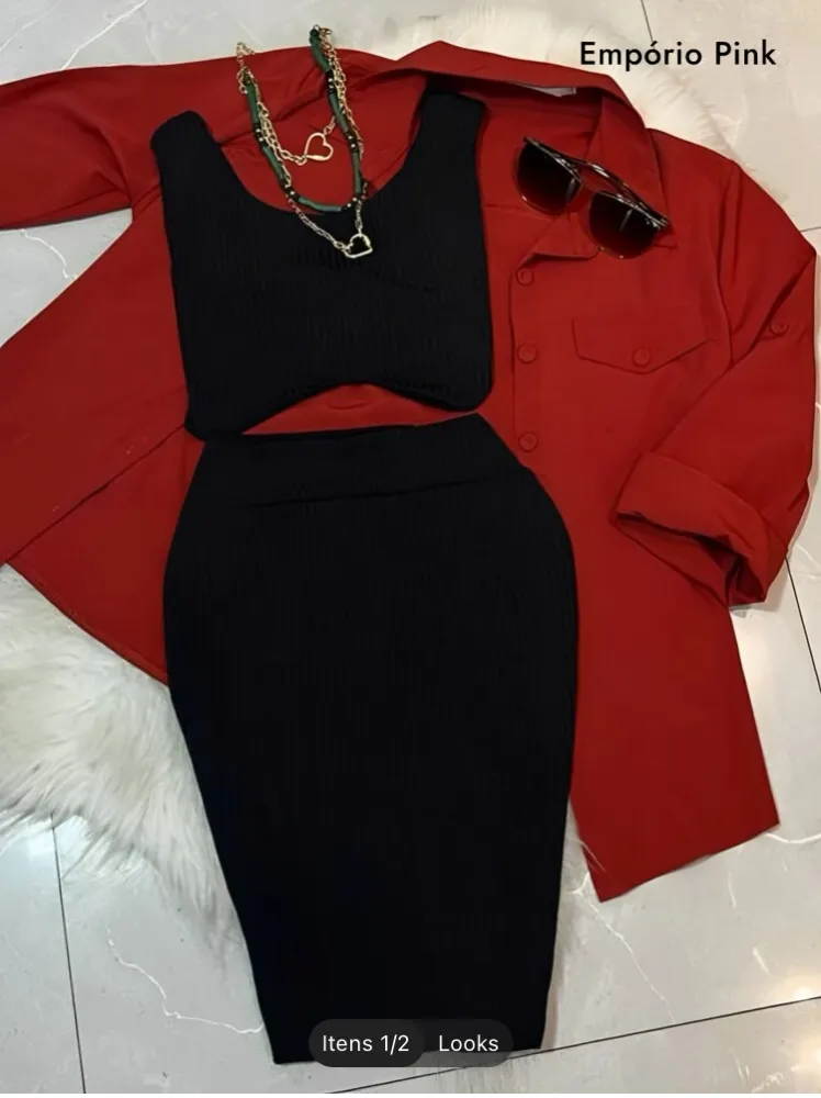 Conjunto feminino Cropped + saia midi canelada Imagem