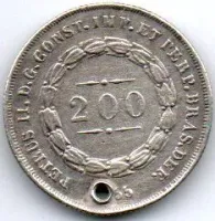 1855 - 200 Réis - Prata .917 - Aprox. 2,55g - 20mm - Moeda Brasil Império - C/ Furo